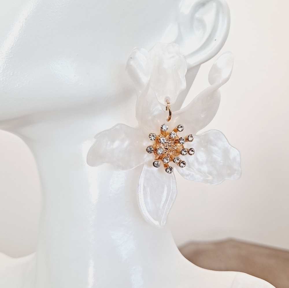 Gold White Flower Statement Earrings Oversized Rhinestone Bridal Formal Wedding - Picture 17 of 17